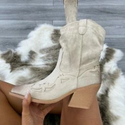 Miss Moda Luxe Beige Short Classic Western Heeled Cowboy Boots