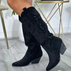 Miss Moda Luxe Black Faux Suede Western Style Knee High Cut Out Cowboy Boot