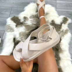 Miss Moda Luxe Chunky Gladiator Toe Loop Sandals Beige