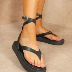 Miss Moda Luxe Black Flip Flop Wrap Around Sandal